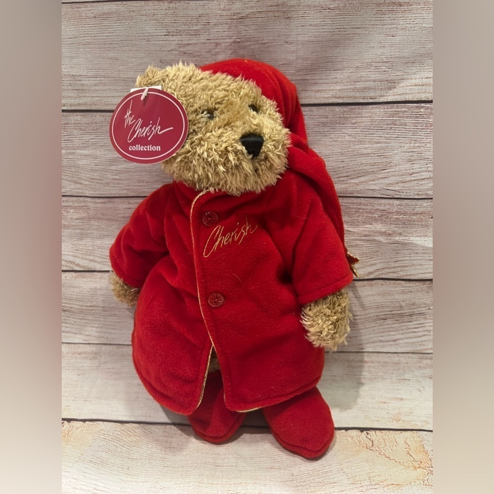 Nova Plush - The Cherish Collection - Bear in Red Robe Slippers & Night Cap 15"